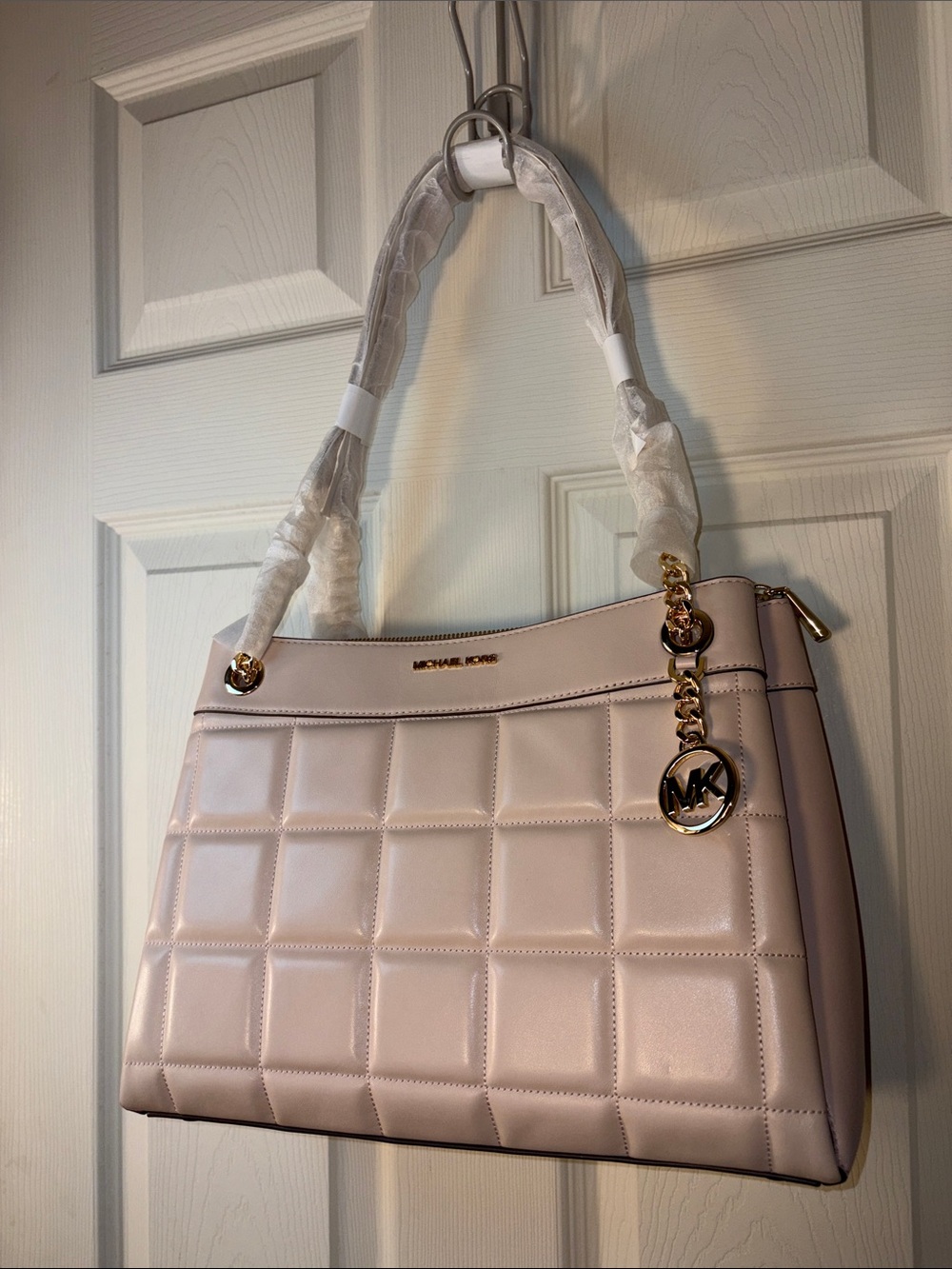 Michael Kors Quilted Shoulder Tote in Light Pink with Gold Hardware